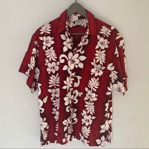 Red Hawaiian button down shirt with floral all around print